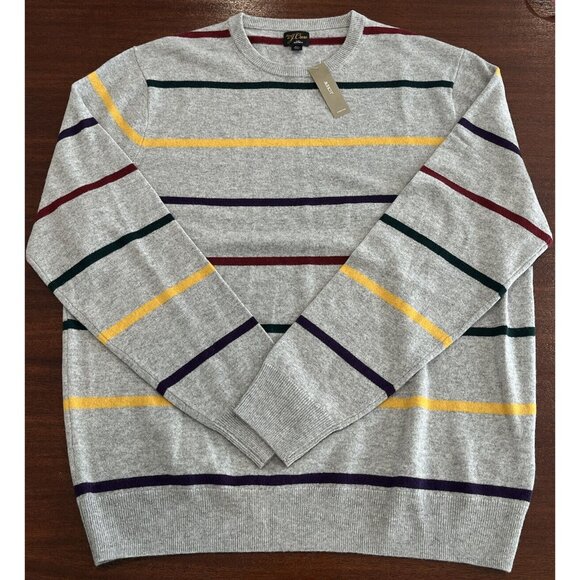 NWT J.Crew 100% Cashmere Crewneck Sweater Grey Stripe BM092 Mens Size XL $168 - Picture 2 of 12